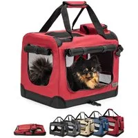 lionto Tiertransportbox stabil aus Textil, für Hunde und Katzen bis 10 kg, 50x36x34 cm, dunkelrot