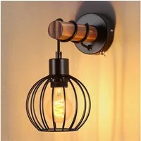 ZMH Wandleuchte Retro Wandleuchte Holz Innen Wandlampe Vintage mit Schalter E27, LED wechselbar, Schwarz Metall Wandspot Rustikal für Schlafzimmer