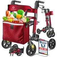 KESSER Rollator Aluminium – faltbar, höhenverstellbar & bis 136 kg belastbar, wetterbeständig, Tasche, Stockhalter, Reflektoren, 360° Gelände Reifen