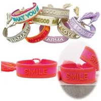 LS-LebenStil Armband Canvas Statement Armband Smile Neon Pink Orange Quasten bestickt (Baumwollarmband Webarmband Armbandliebe Freundschaftsarmband Freundschaftsband Partnerarmband, 1-tlg., textil geflochten gewebt - hochwertiger gestickter Spruch), 