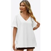 Imily Bela T-Shirt Damen Lockerer V-Ausschnitt mit gerollten Ärmeln und Seitenschlitzen (Packung, 1-tlg., 1per-Pack) Kurzarm in Unifarbe
