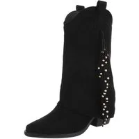 Ital-Design Damen Boots mit Fransen und perforiertem Design Westernstiefel (91154629) Blockabsatz Stiefel in Schwarz
