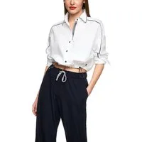 Marc Cain Langarmbluse Logomania Premium Damenmode verkürzte Form, Gummibund am Saum