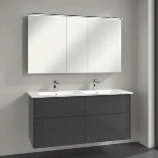 Villeroy & Boch Finero Badmöbel Set 130 cm, Glossy Grey Waschtisch mit Waschtischunterschrank und Spiegelschrank