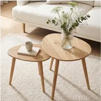 skølm Couchtisch Lodur aus Eiche Massivholz, Holztisch mit 3 Tischbeinen für Wohnzimmer, Wohnzimmertisch 55x38x45 cm und 70x38x50 cm, ovale Tischplatte