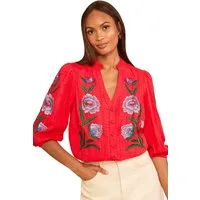 Love & Roses Langarmbluse Love & Roses Bluse mit Kerbausschnitt & Stickerei (1-tlg)