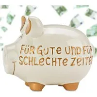 matches21 HOME & HOBBY Spardose Große Spardose Sparschwein GUTE ZEITEN weiß, gold 17 cm, Keramik Sparbüchse - Gummistopfen zum Öffnen