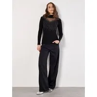 Apricot Strickpullover geripptes Top aus Mesh mit Glitzersteinen
