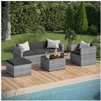 STEELSØN Sitzgruppe Zethora Gartenlounge Set aus Polyrattan, (grau/anthrazit, für 5 Personen), Outdoor Sitzgarnitur mit 3er Sofa, Sessel, Hocker & Tisch