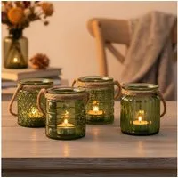 Levandeo® Teelichthalter, 4er Set Windlicht Glas Grün Khaki H10cm Teelichthalter Tischdeko