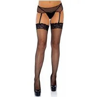 Leg Avenue Strapsstrümpfe Netzstrümpfe mit breitem Spitzenabschluss in Schwarz (1-Paar) transparent