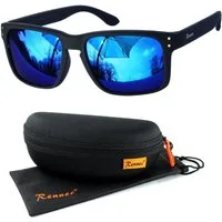 Rennec Sonnenbrille Herren Rechteckig Schwarz Matt Gläser Blau Verspiegelt Markenbrille mit Hardcase, stabile 3in2 Bügelgelenke