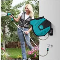 Durhand Schlauchtrommel 15 m, 180° schwenkbar, mit Multibrause, Frostschutz, (Schlauchbox, 1-tlg., Wandschlauchbox), für Garten, Balkon, Grün + Schwarz