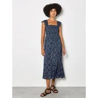 Apricot Midikleid Folk-Blumen-Midi-Kleid mit Metallic
