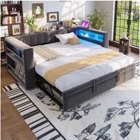 Merax Daybett mit LED-Beleuchtung, Steckdosen & Stauraum (Einzelbett Schlafsofa Sofabett Jugendbett, 1 tlg), Tagesbett 90/180x190cm mit Ausziehbett, Polsterbett aus Flanellstoff