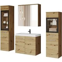 welltime Badmöbel-Set MADRIT II, Schrank mit Waschbecken, 2 Hänger, Spiegelschrank, (Komplett-Set, 5-St), Hängende Badmöbel mit Glaseinsätzen – in vielen Farben erhältlich
