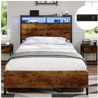 MSMASK Bett Bett mit LED Beleuchtung, Metallbett mit Steckdose, Braun, mit USB-Ladefunktion