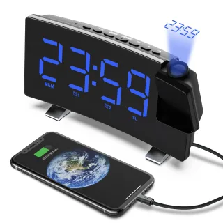AGSIVO 8 Inch Projection Alarm Clock with 180° Rotatable Projector / FM Radio / Snooze / 3-Level Brightness Dimmer / Cur