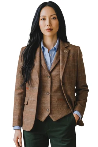 Damen-Eichenbraunes zweiteiliges kariertes formelles Tweed-Blazer und Westenset – TPSTZ-7