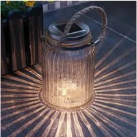 MARELIDA LED Windlicht LED Solar Glas Windlicht mit Juteseil geriffelt Lichtsensor H: 15cm, LED Classic