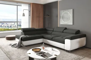 Ecksofa Sofa JADE Stoff Soft / Sawana Weiss-Schwarz mit Schlaffunktion Ottoma...