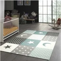 TeppichHome24 Kinderteppich Kinderteppich Stern Mond in Weiss Grau Blau, rechteckig