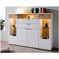 Möbel Akut Highboard Highboard OSLO weiß matt lackiert und Asteiche hell Massivholz
