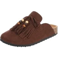 Ital-Design Damen Clog mit Fransen und Perlen, Schlupfschuh Pantolette (91742372) Flach Pantoletten in Braun
