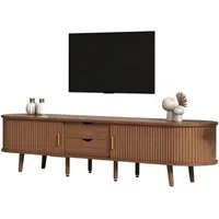 Merax Lowboard mit Massivholzfüßen, Ovaler Fernsehschrank in Walnuss (1 St., 175x40x42 cm), TV-Schrank mit 2 Schubladen, Schiebetüren & verstellbaren Trennwänden