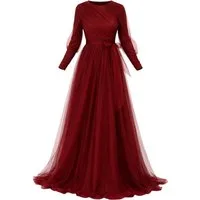 Modavitrini Tüllkleid Maxikleid langarm Abendkleid festlich elegant mit Gürtel bodenlang gefüttert, blickdicht