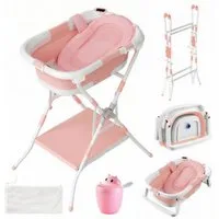 SEHAUSEU Babybadewanne Babywanne Badewanne mit Gestell faltbar, mit Thermometer, mit Abflussschlauch, Badeauflage, Ablagebrett, Haarwaschbecher