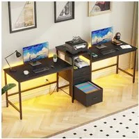 OYRREU Doppelschreibtisch mit LED-Beleuchtung, 3 Stoffschubladen, Computertisch, OTTO’S CHOICE (Bürotisch 2 in 1 Set, 2 Arbeitsplätze mit RGB-LED-Streifen, offenes Ablagefach), Breite 240cm, verstellbare Füße, integrierte Ladestation