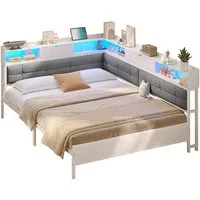 MSMASK Polsterbett Daybett Jugendbett mit LED-Beleuchtung und USB-Ladestation (Ohne Matratze), Bettgestell mit Lattenrost aus Metall,140x200