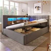 STILVORA Polsterbett 140x200 Schlafsofa mit bettfunktion und bettkasten Tagesbett Grau (Struraumbett, Funktionsbett, L-förmigem Kopfteil mit Stauraum, beidseitig montierbar), Hydraulisches Bett mit LED-Beleuchtung & USB/Type-C Ladestation