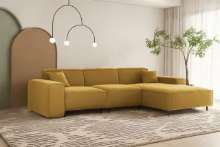 Ecksofa Designersofa GLORIA in Stoff Tiffani Honiggelb Ottomane Rechts