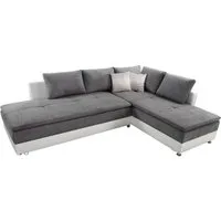 luma-home Ecksofa 15103, Dauerschläfer-Doppelbett B306/T223/H95 cm, Bettkasten, Regal, Boxspring, Federkern, Wellenunterfederung, Topper, Schwenkteil links, Mikrofaser Hellgrau/Kunstleder Weiß