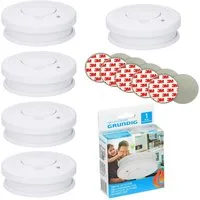 Grundig 5x Rauchmelder 85dB Inkl. 9V Batterie + 3M Klebepad Set Feuermelder Rauchmelder (inklusive Montagematerial und Anleitung)