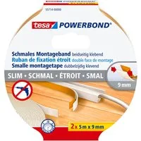 tesa Doppelklebeband POWERBOND Doppelseitiges Klebeband - 5 m : 9 mm (Packung, 1-St) schmales Montageband - einfache Befestigung von Kabelkanal & Deko
