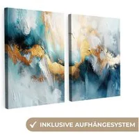 MuchoWow Leinwandbild Blau - Abstrakt - Weiß - Gold - Farbe, Fotodruck (2 St), Wand Bilder 2 Set, Deko Schlafzimmer Wohnzimmer Flur 60x40 cm