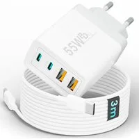 GreenHec Ladegerät USB-C iPhone mehrfach Charger Handy Stecker Adapter Netzteil Schnelllade-Gerät (0,00 mA, set, 55w Quatro Charger, iPhone 17 16 15 14 13 12 iPad, Schnell, 55w Multiport, Kabel, 2er Pack)
