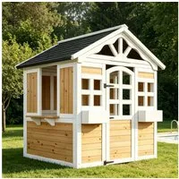 OKWISH Spielhaus Kinder-Holzhaus für Garten, 113x100x132 cm, mit Türen & Fenstern, wetterfest