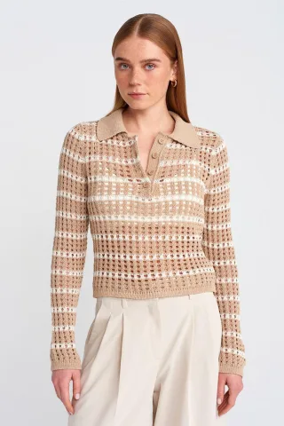 Gestreifter Polo-Kragen Knopf Strickpullover