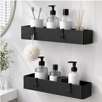 ibettertec Duschregal Duschablage ohne Bohren 2er Set, rostfreies Badregal mit 4 Haken, Duschablage ohne Bohren 2er Set, schwarzes rostfreies Badregal selbstklebend mit 4 Haken