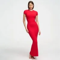 cfab (creamy fabrics) Jerseykleid Ribbed T-Shirt Maxikleid-Fire Red-2XL (1-tlg)