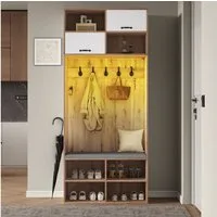 Flieks Garderoben-Set mit LED-Beleuchtung, Kleiderhaken, Schuhschrank und Sitzbank, (Holzoptik, 1-St., 80×185×35 cm (B×H×T), Garderobenständer mit Schuhregal, Sitzfläche und Kleiderstange Natur