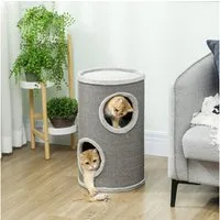 PawHut Kratztonne mit 2 Höhle, Plüschrand, (zweistöckige Katzentonne, 1-tlg., Katzenkratztonne), für 1-2 Katzen bis 5 kg, Hellgrau