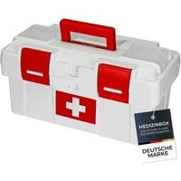 HMF Erste-Hilfe-Koffer Erste Hilfe Kasten zur Medikamenten Aufbewahrung, Medizinbox, leer für Sportverein, Betrieb oder Zuhause, 37 x 20 x 18,5 cm Weiß-Rot