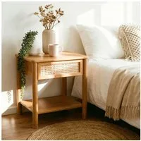 IDIMEX Nachttisch CEFIRA, aus Massivholz, Schublade mit Rattan und Ablagefach Eiche Finish