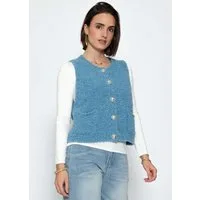 SASSYCLASSY Kurzweste Bouclé-Weste mit aufgesetzten Taschen für Damen Weiche Weste mit goldfarbenen Knöpfen Greige Rosa Schwarz Braun