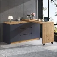 Merax Schreibtisch 2-in-1 Sideboard & Arbeitstisch (120×50×76,5 cm, 1-St., multifunktionaler Bürotisch Kommode in Weiß/Eiche), Eckschreibtisch mit 360° drehbarer Tischplatte, 2 Türen & 3 Schubladen